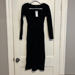 Black Bardot Neckline MIDI Sweater Dress. Size M. With slit and waist tie